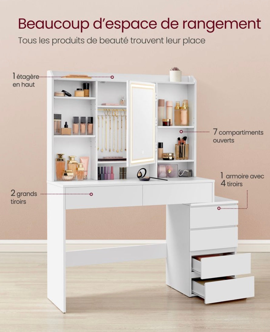 Vanity Coiffeuse avec grand miroir LED réglable