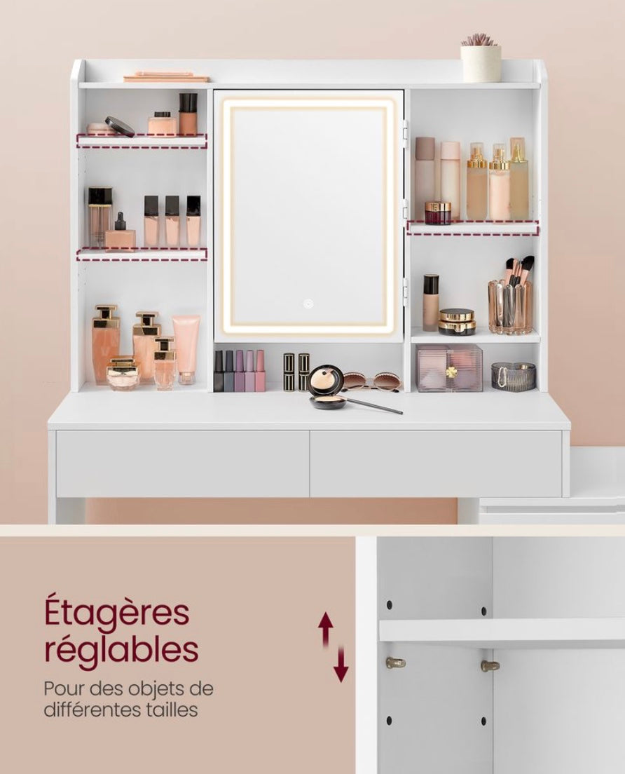 Vanity Coiffeuse avec grand miroir LED réglable