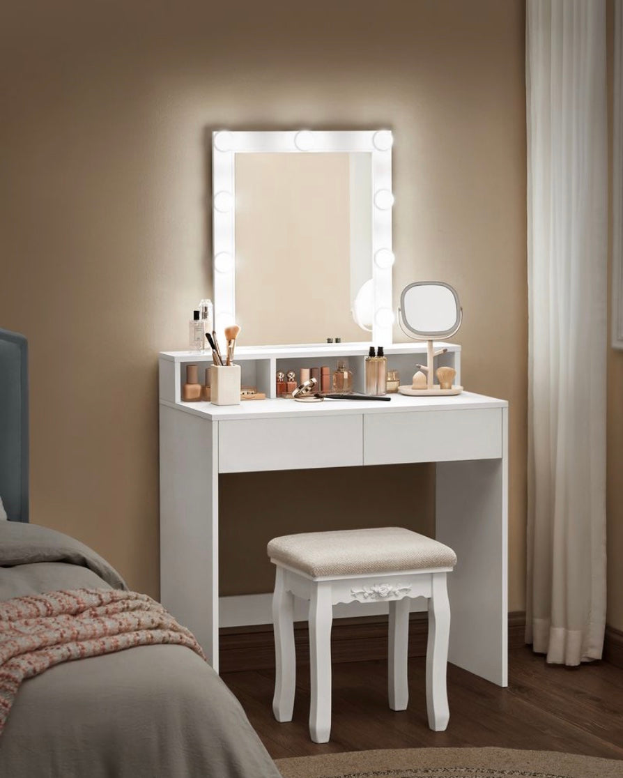 Coiffeuse avec Miroir LED, 2 Tiroirs et 3 Compartiments – Bi-color