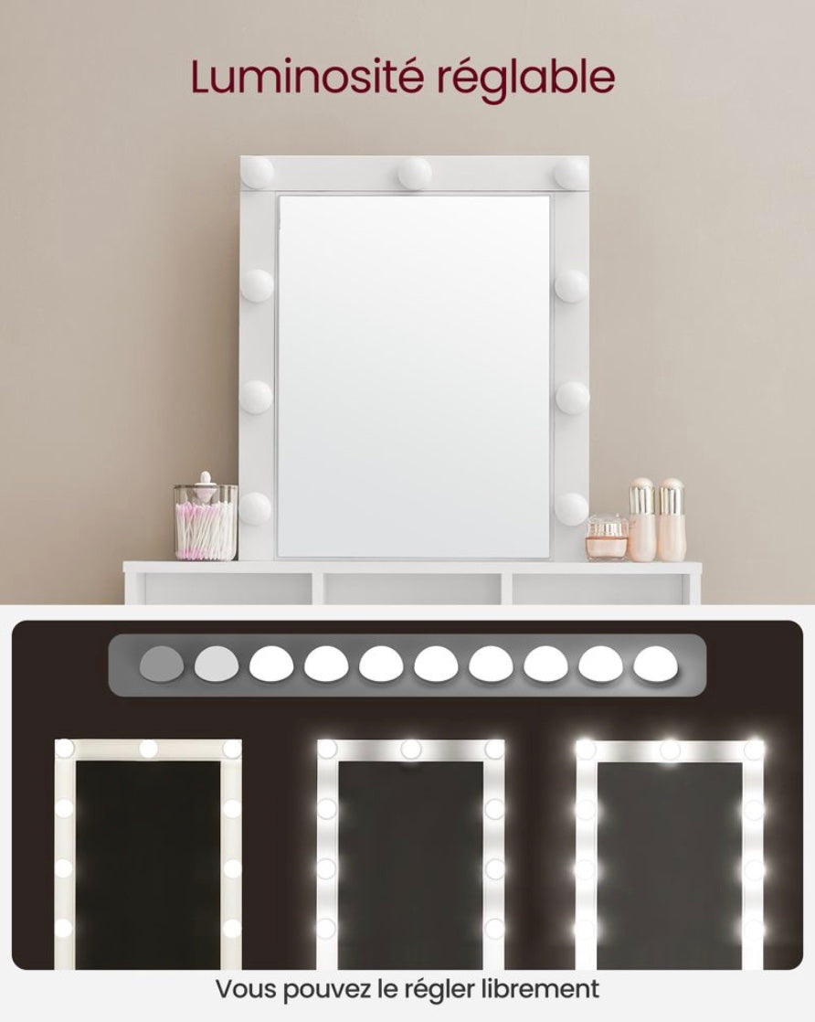 Coiffeuse avec Miroir LED, 2 Tiroirs et 3 Compartiments – Bi-color