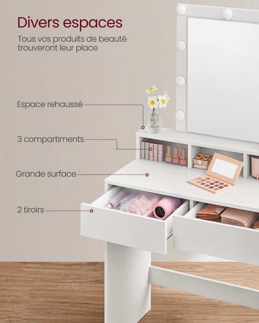 Coiffeuse avec Miroir LED, 2 Tiroirs et 3 Compartiments – Bi-color