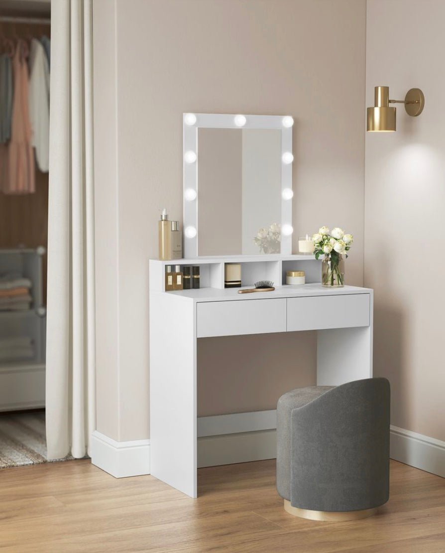Coiffeuse avec Miroir LED, 2 Tiroirs et 3 Compartiments – Bi-color