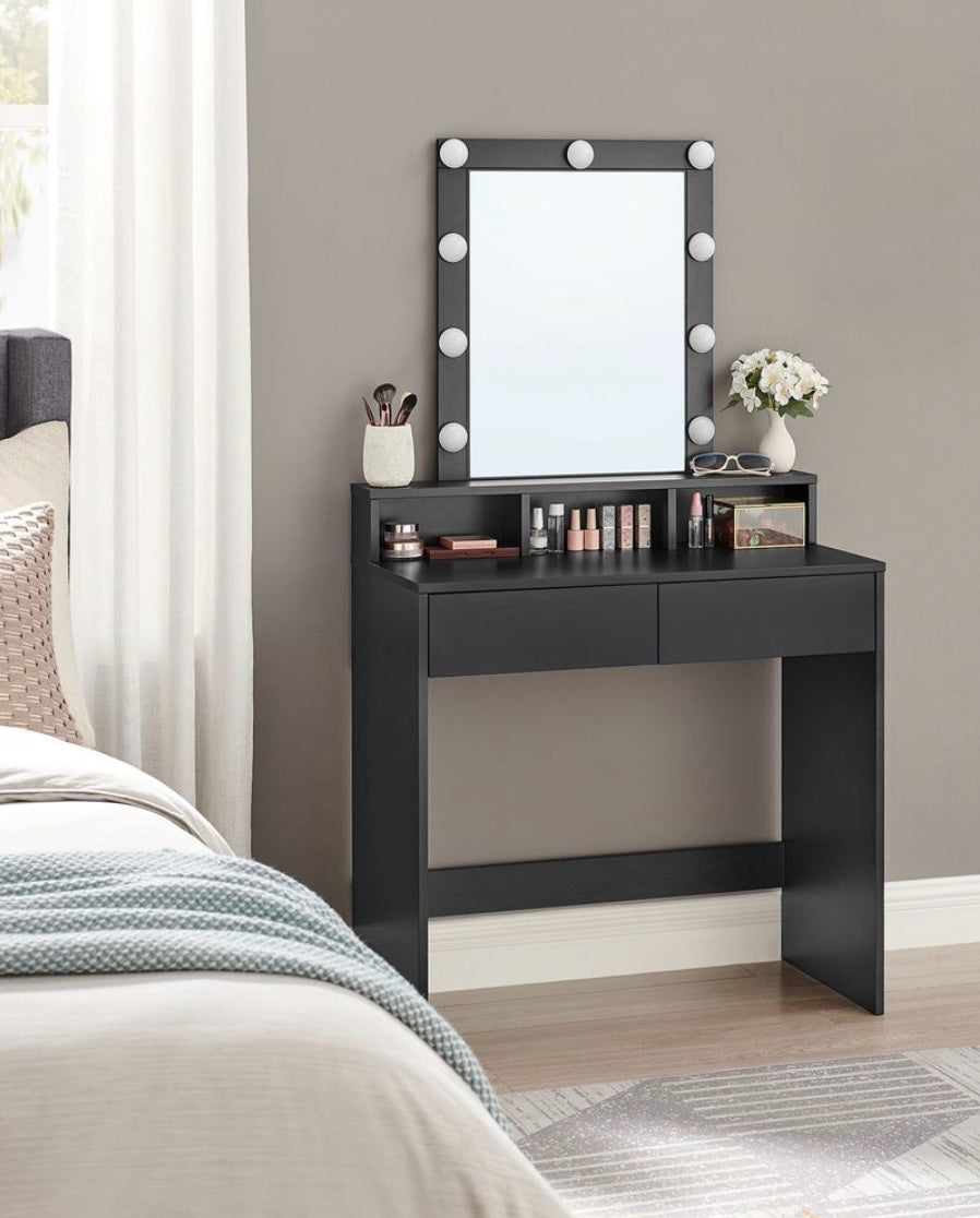 Coiffeuse avec Miroir LED, 2 Tiroirs et 3 Compartiments – Bi-color