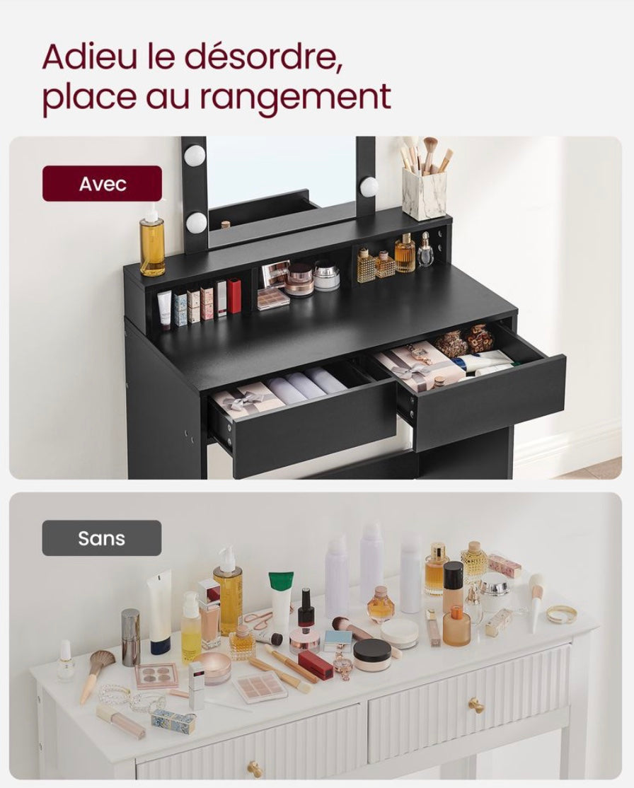 Coiffeuse avec Miroir LED, 2 Tiroirs et 3 Compartiments – Bi-color